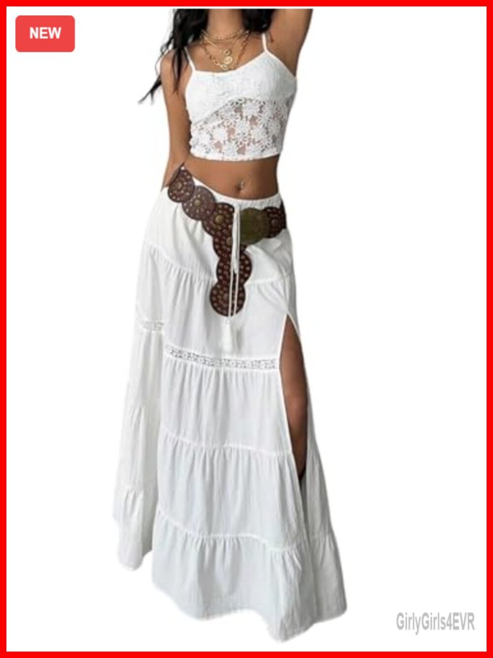 Boho Lace Maxi Skirt High Slit Layered Ruffle Western Country